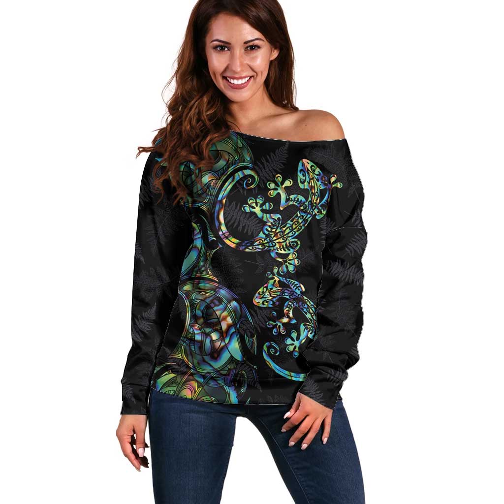 New Zealand Gecko Maori Art Tattoo Off Shoulder Sweater Silver Fern and Paua Shell Mode LT03 Women Black - Polynesian Pride