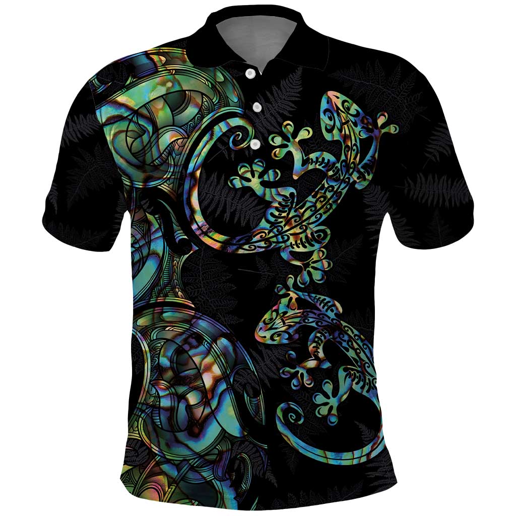 New Zealand Gecko Maori Art Tattoo Polo Shirt Silver Fern and Paua Shell Mode