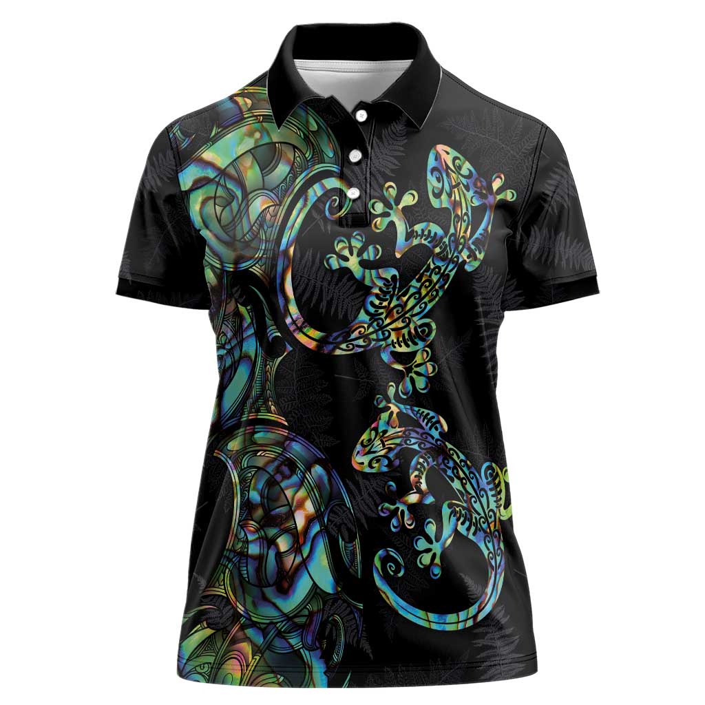 New Zealand Gecko Maori Art Tattoo Women Polo Shirt Silver Fern and Paua Shell Mode