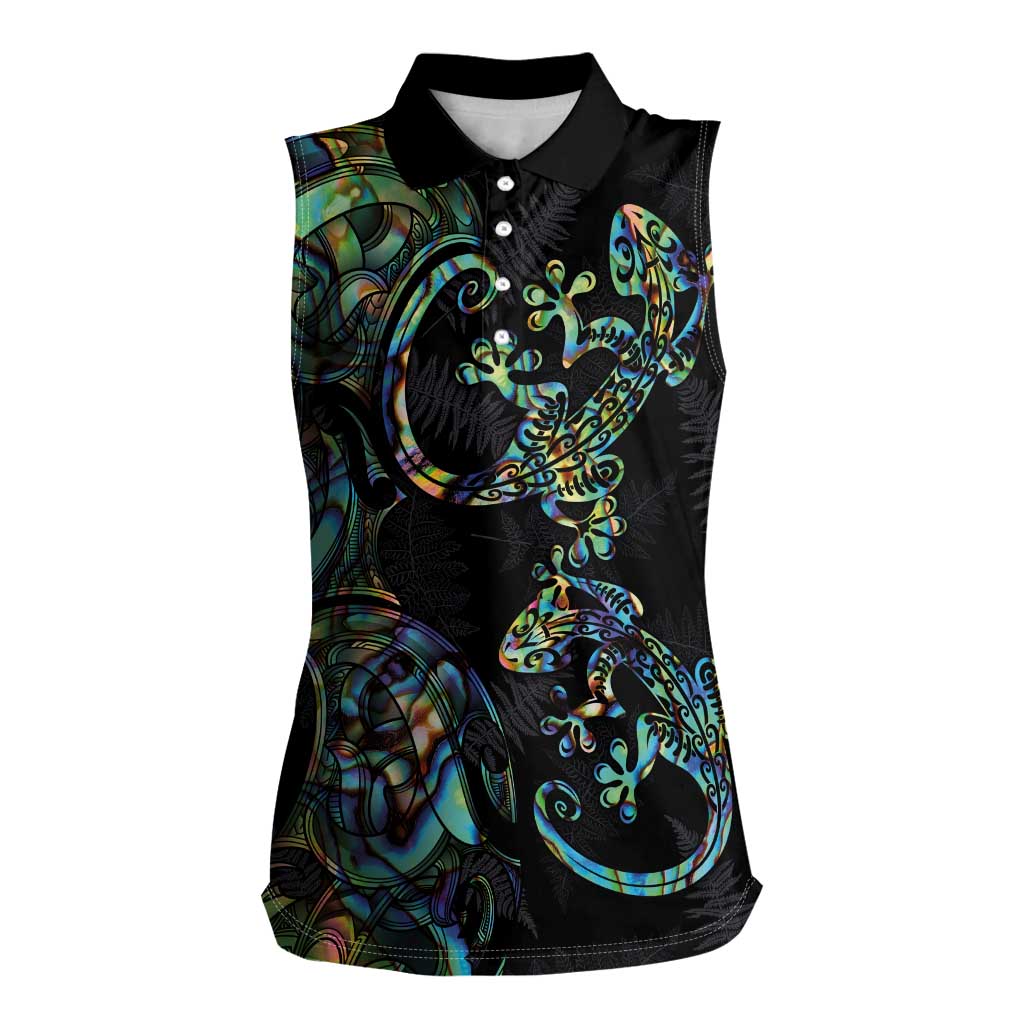 New Zealand Gecko Maori Art Tattoo Women Sleeveless Polo Shirt Silver Fern and Paua Shell Mode