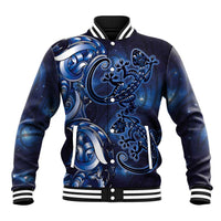 New Zealand Gecko Maori Art Tattoo Baseball Jacket Matariki Mode LT03 Unisex Blue - Polynesian Pride