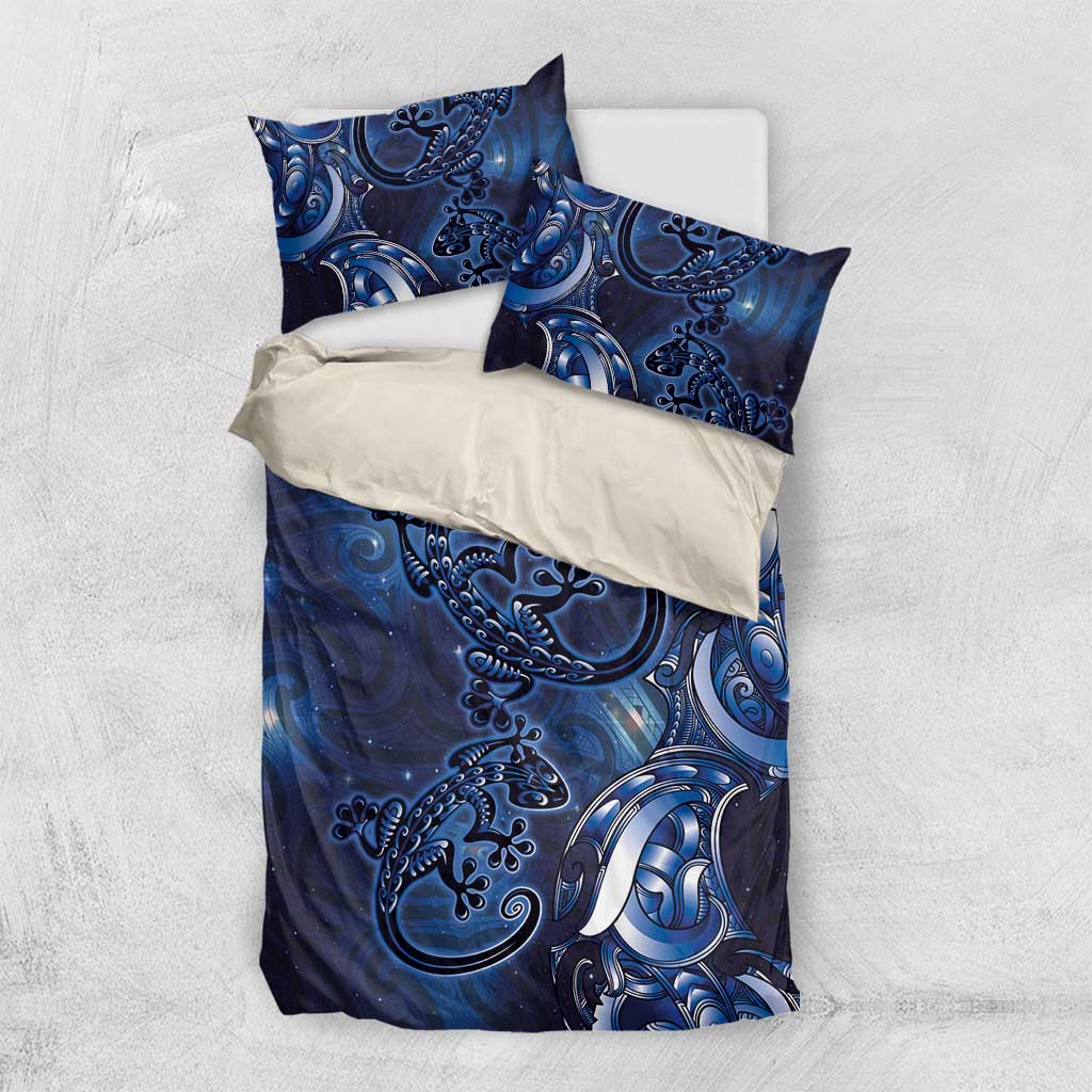 New Zealand Gecko Maori Art Tattoo Bedding Set Matariki Mode LT03 US Twin 172cm x 218cm Blue - Polynesian Pride