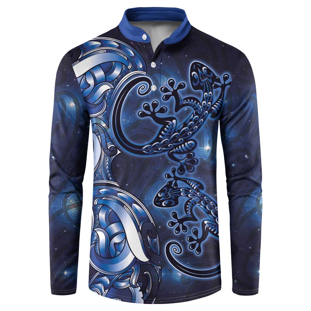 New Zealand Gecko Maori Art Tattoo Button Sweatshirt Matariki Mode LT03 Blue - Polynesian Pride