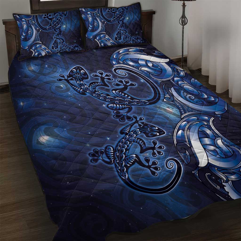 New Zealand Gecko Maori Art Tattoo Quilt Bed Set Matariki Mode LT03 Blue - Polynesian Pride