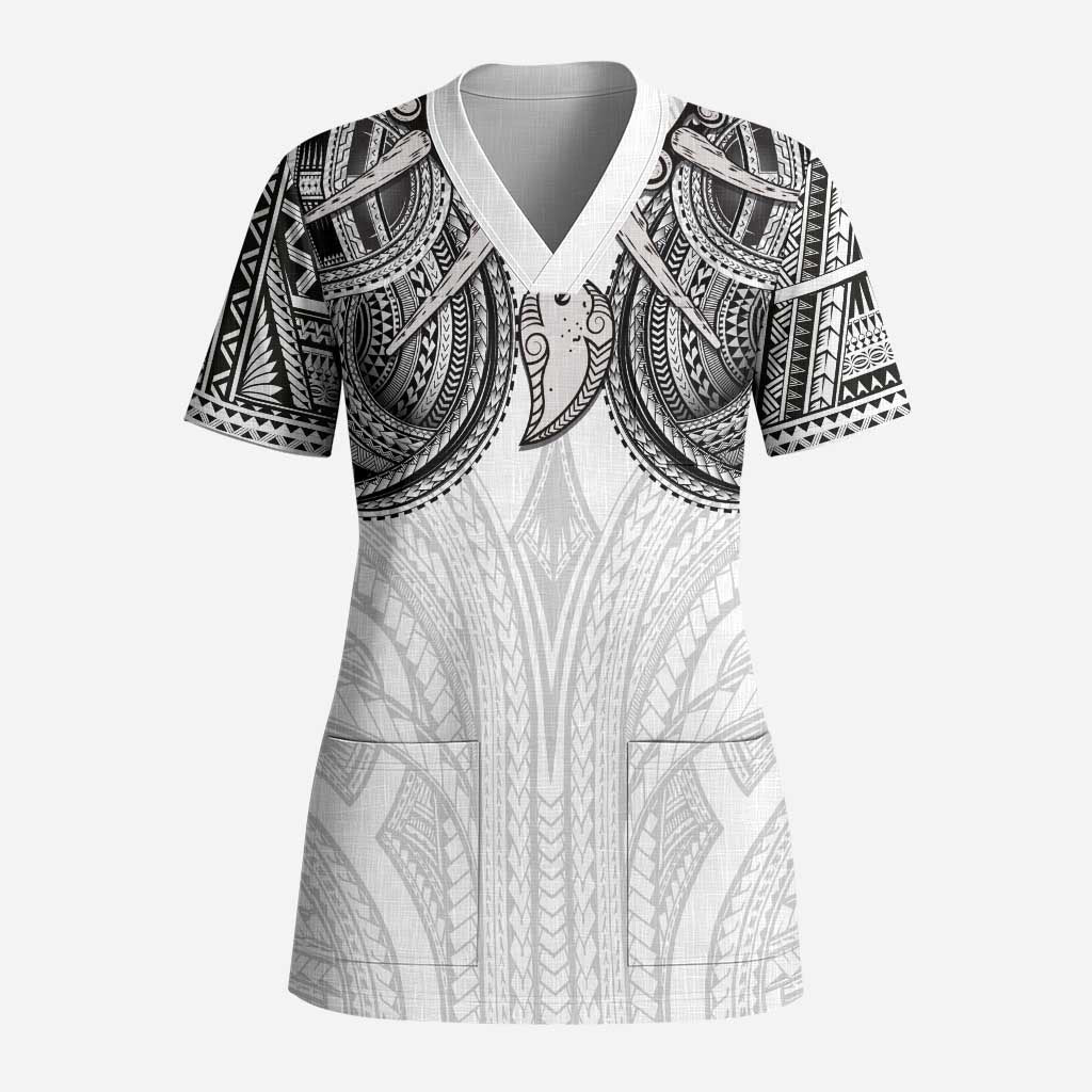 Samoan Traditional Art Tattoos Scrub Top Tatau Tribal Motifs with Ula Nifo White LT03 Adult White - Polynesian Pride