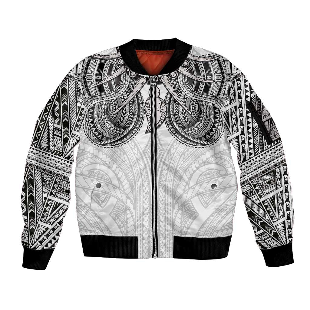 Samoan Traditional Art Tattoos Sleeve Zip Bomber Jacket Tatau Tribal Motifs with Ula Nifo White LT03 Unisex White - Polynesian Pride