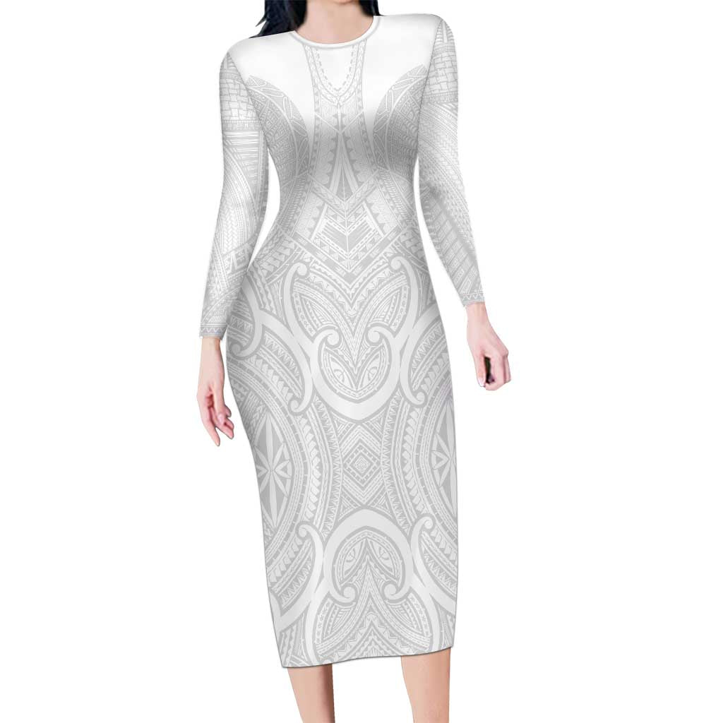 Samoan Traditional Art Tattoos Long Sleeve Bodycon Dress Tatau Roman Reigns White Color LT03 Long Dress White - Polynesian Pride