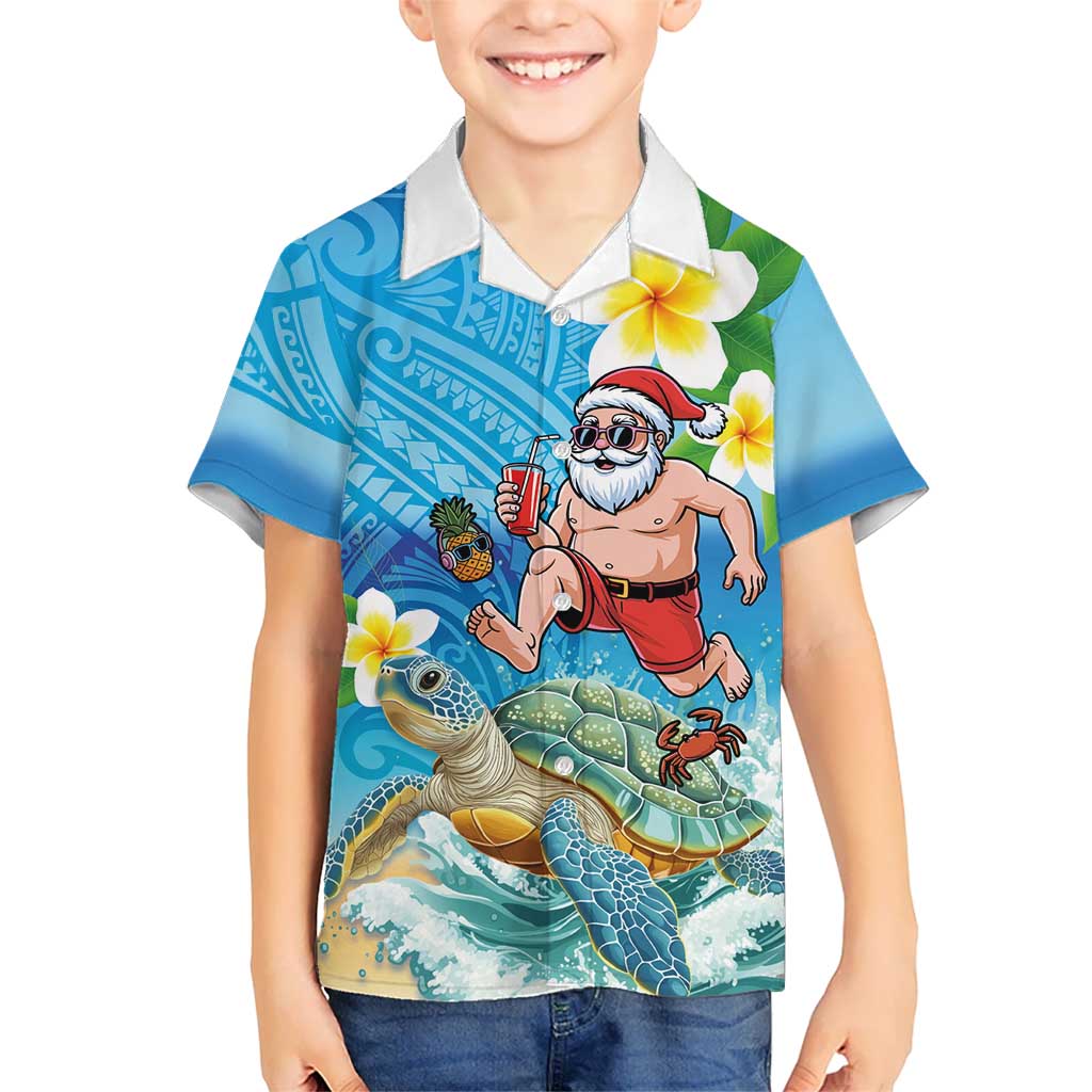 Polynesian Merry Christmas Kid Hawaiian Shirt Funny Santa with Sea Turtle Beach Plumeria LT03 Kid Multicolor - Polynesian Pride