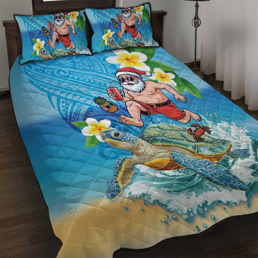 Polynesian Merry Christmas Quilt Bed Set Funny Santa with Sea Turtle Beach Plumeria LT03 Multicolor - Polynesian Pride