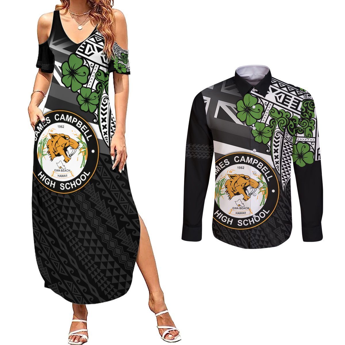 Hawaii James Campbell High School Couples Matching Summer Maxi Dress and Long Sleeve Button Shirt Kakau Pattern Black Version LT03 Black - Polynesian Pride