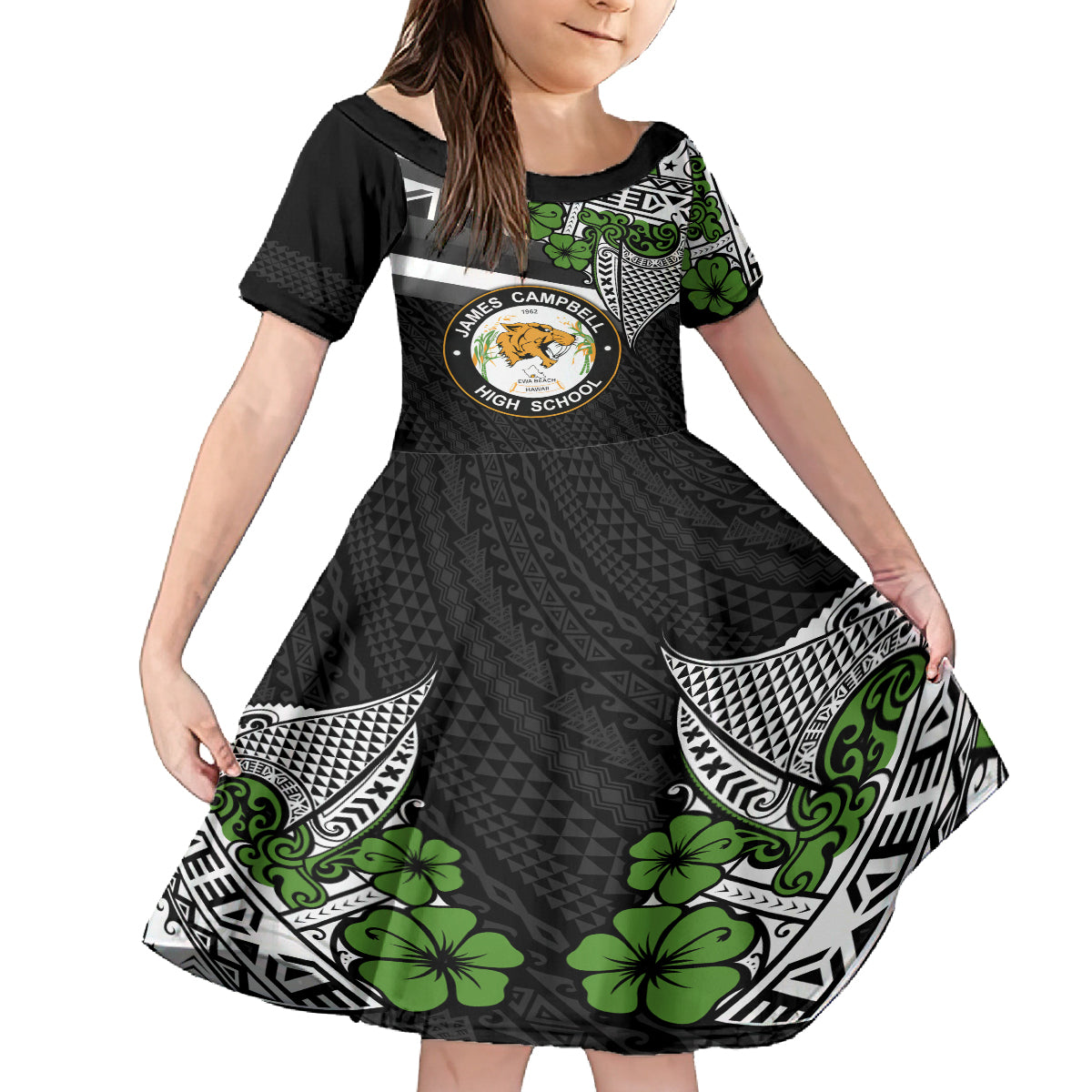 Hawaii James Campbell High School Kid Short Sleeve Dress Kakau Pattern Black Version LT03 KID Black - Polynesian Pride