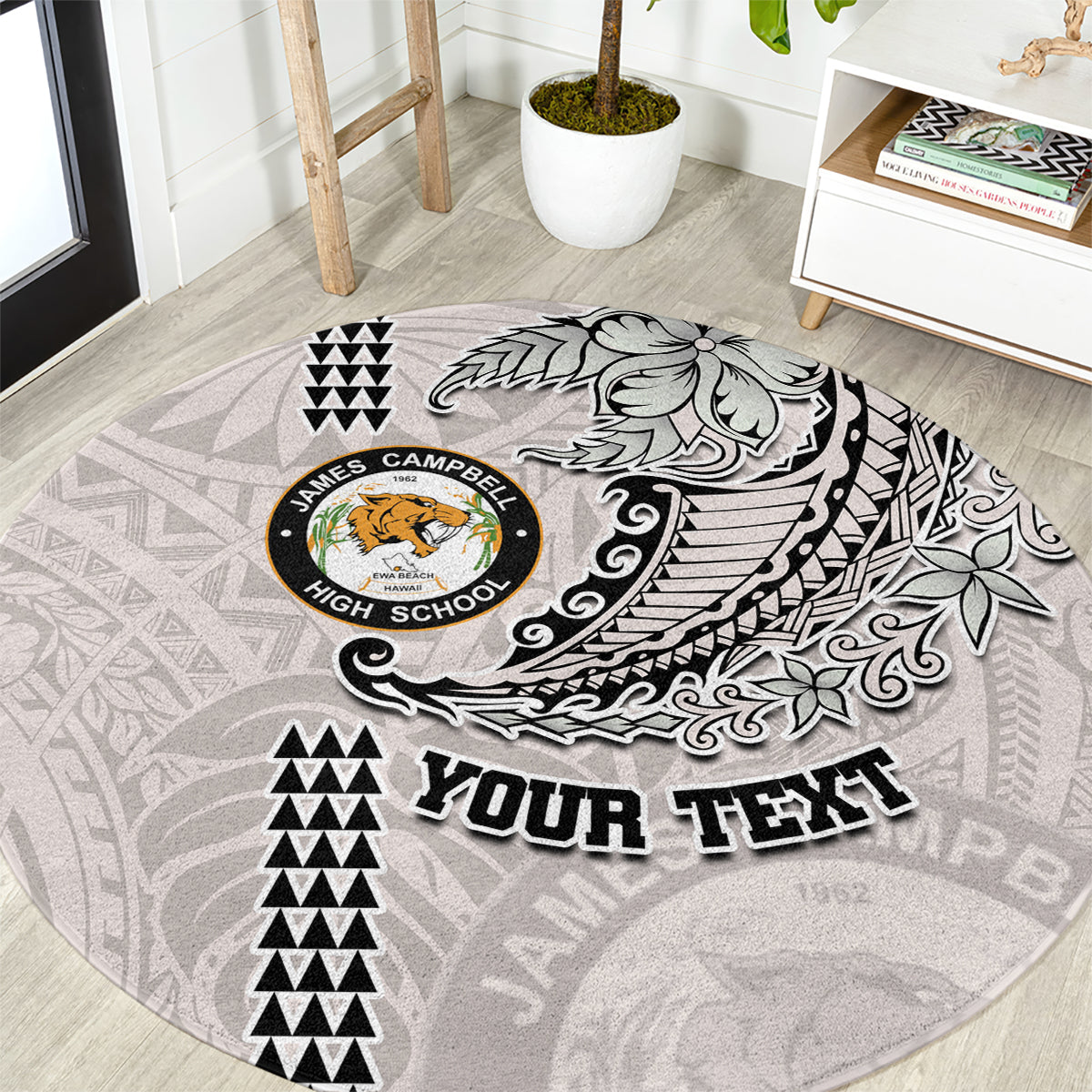 Custom Hawaii James Campbell High School Round Carpet Tribal Kakau Pattern LT03 White - Polynesian Pride