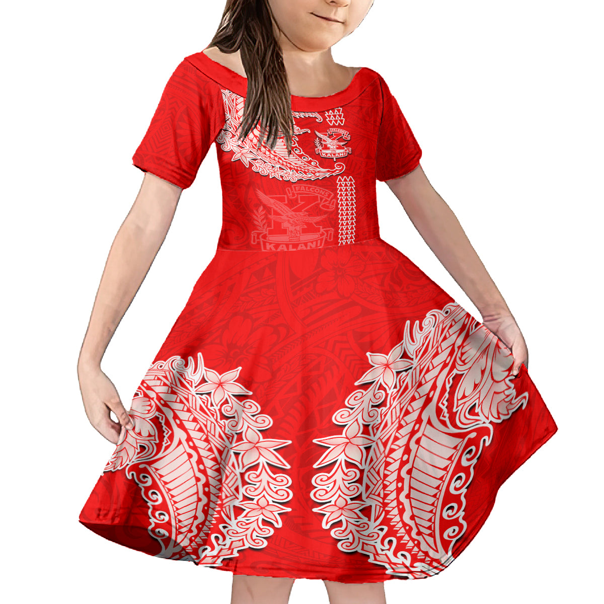 Hawaii Kalani High School Kid Short Sleeve Dress Tribal Kakau Pattern LT03 KID Red - Polynesian Pride