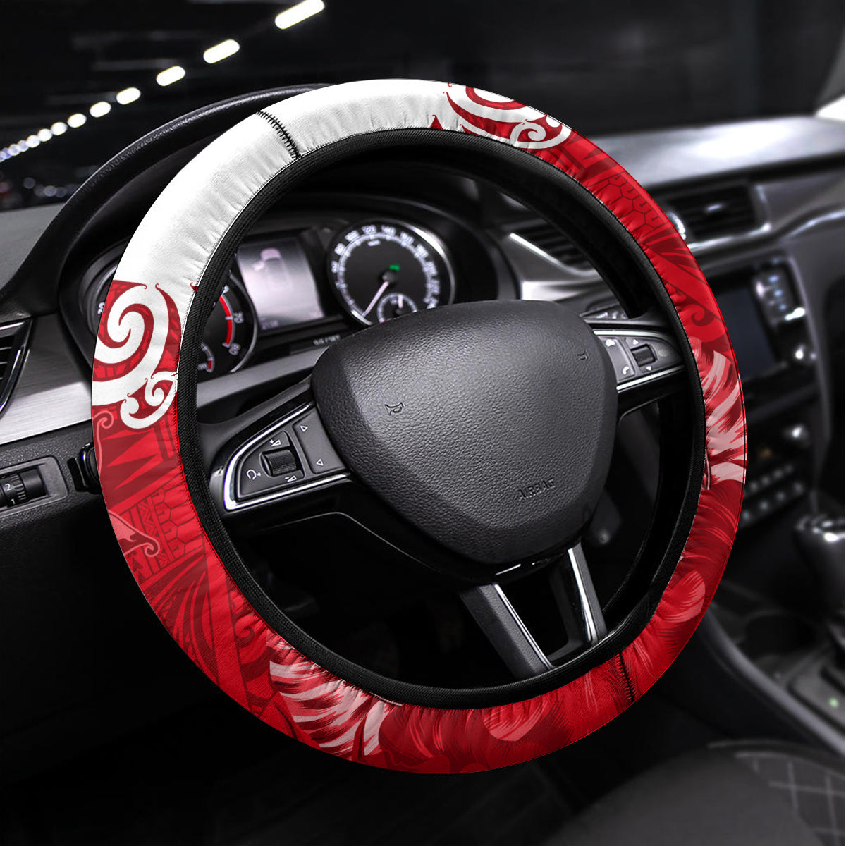 Custom New Zealand Womens Day Steering Wheel Cover Traditional Maori Woman Polynesian Pattern Red Color