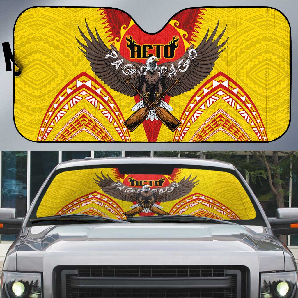 American Samoa Fautasi Race Auto Sun Shade Pago Pago-Aeto Samoan Tattoo and Eagle LT03 Yellow - Polynesian Pride