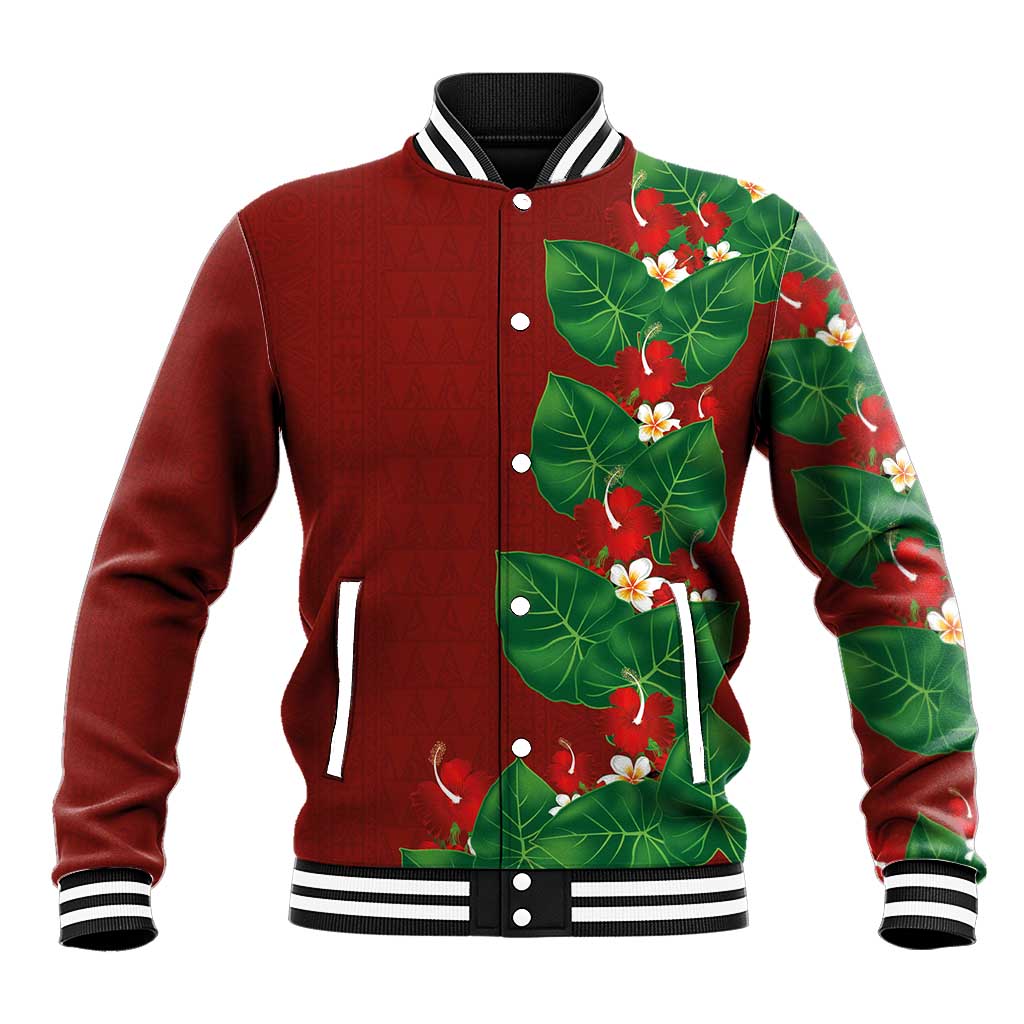 Hawaiian Taro Leaves-Hibiscus and Plumeria Baseball Jacket Polynesian Art-Kakau Tattoo Red LT03 Unisex Red - Polynesian Pride