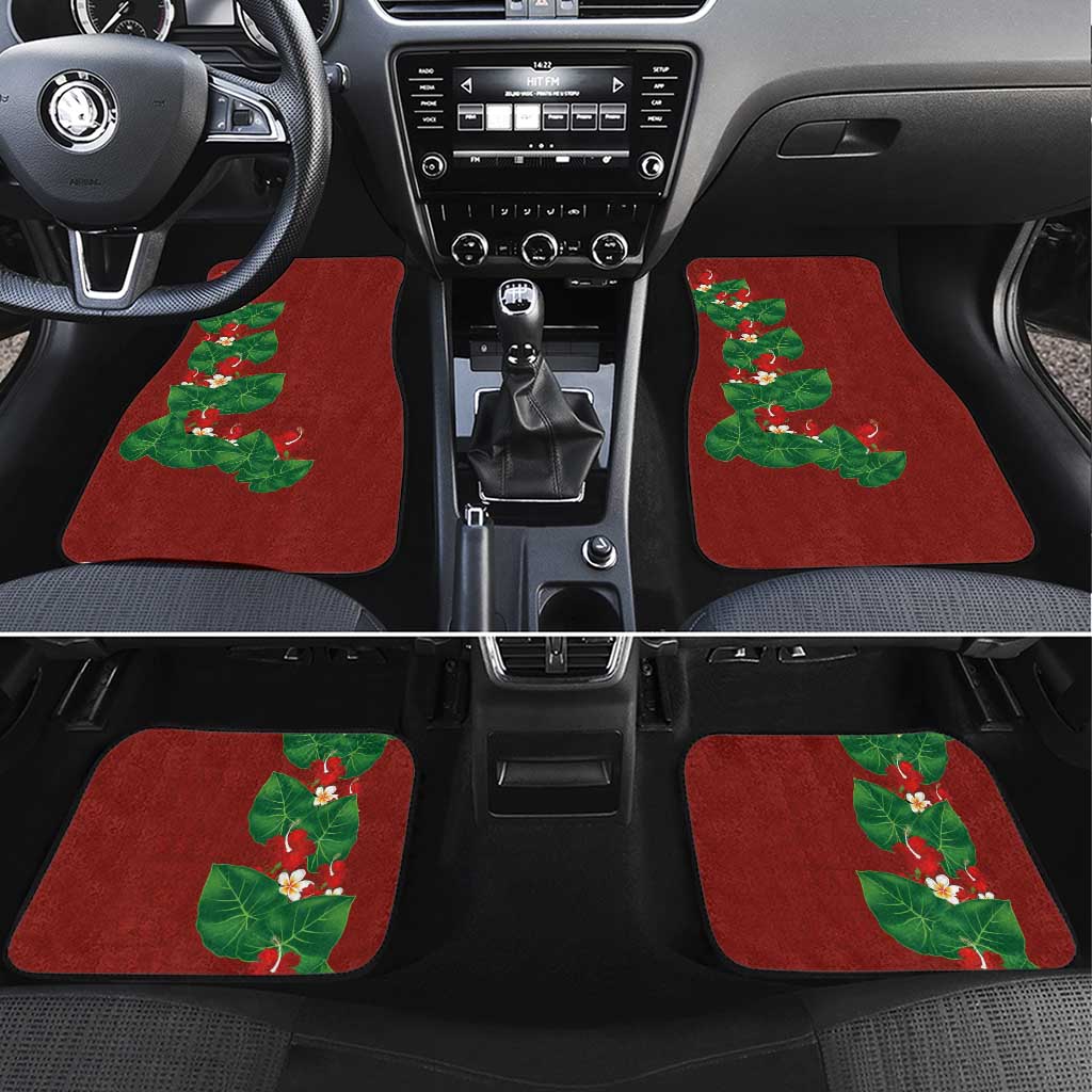 Hawaiian Taro Leaves-Hibiscus and Plumeria Car Mats Polynesian Art-Kakau Tattoo Red LT03 Set 4pcs Red - Polynesian Pride