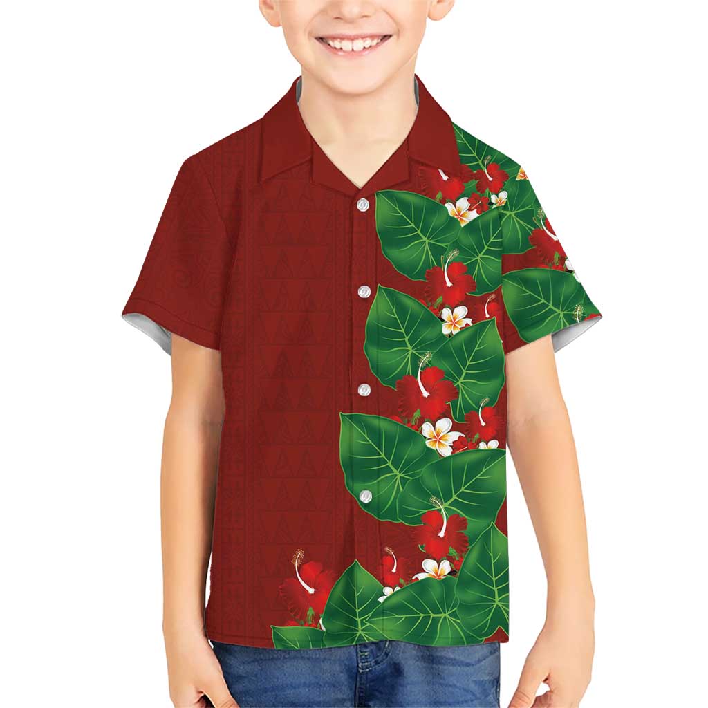 Hawaiian Taro Leaves-Hibiscus and Plumeria Kid Hawaiian Shirt Polynesian Art-Kakau Tattoo Red LT03 Kid Red - Polynesian Pride