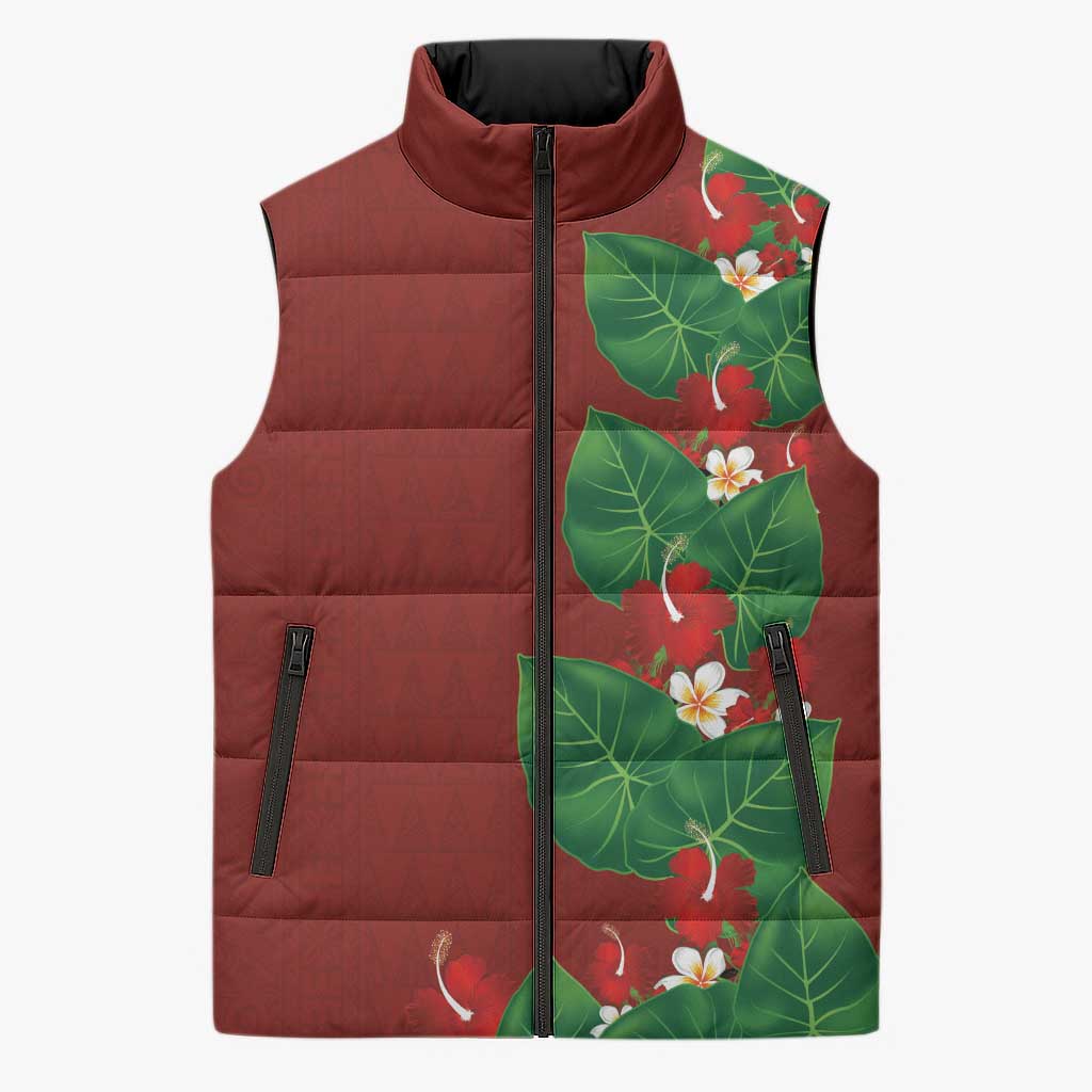 Hawaiian Taro Leaves-Hibiscus and Plumeria Sleeveless Puffer Jacket Polynesian Art-Kakau Tattoo Red LT03 Unisex Red - Polynesian Pride