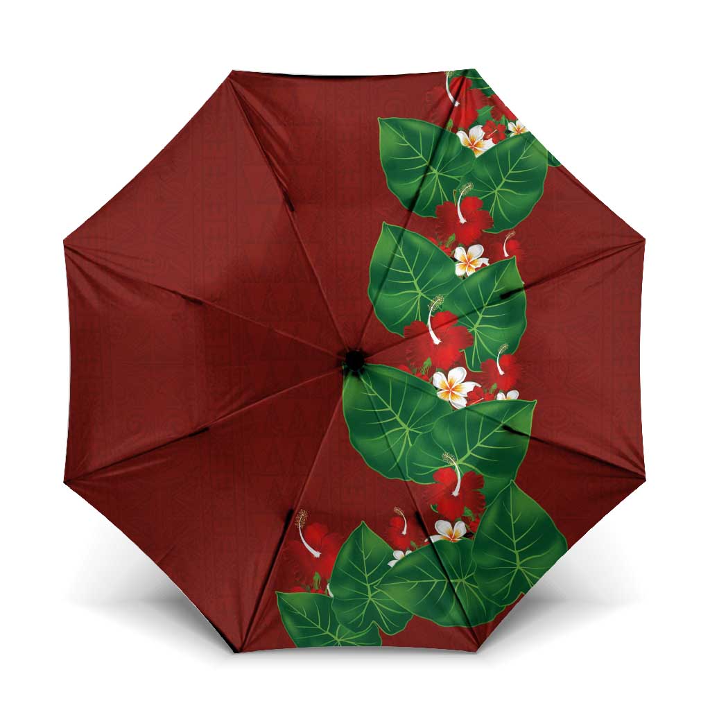 Hawaiian Taro Leaves-Hibiscus and Plumeria Umbrella Polynesian Art-Kakau Tattoo Red LT03 One Size Folded 11.42 inch Opened Diameter 37.4 inch Red - Polynesian Pride