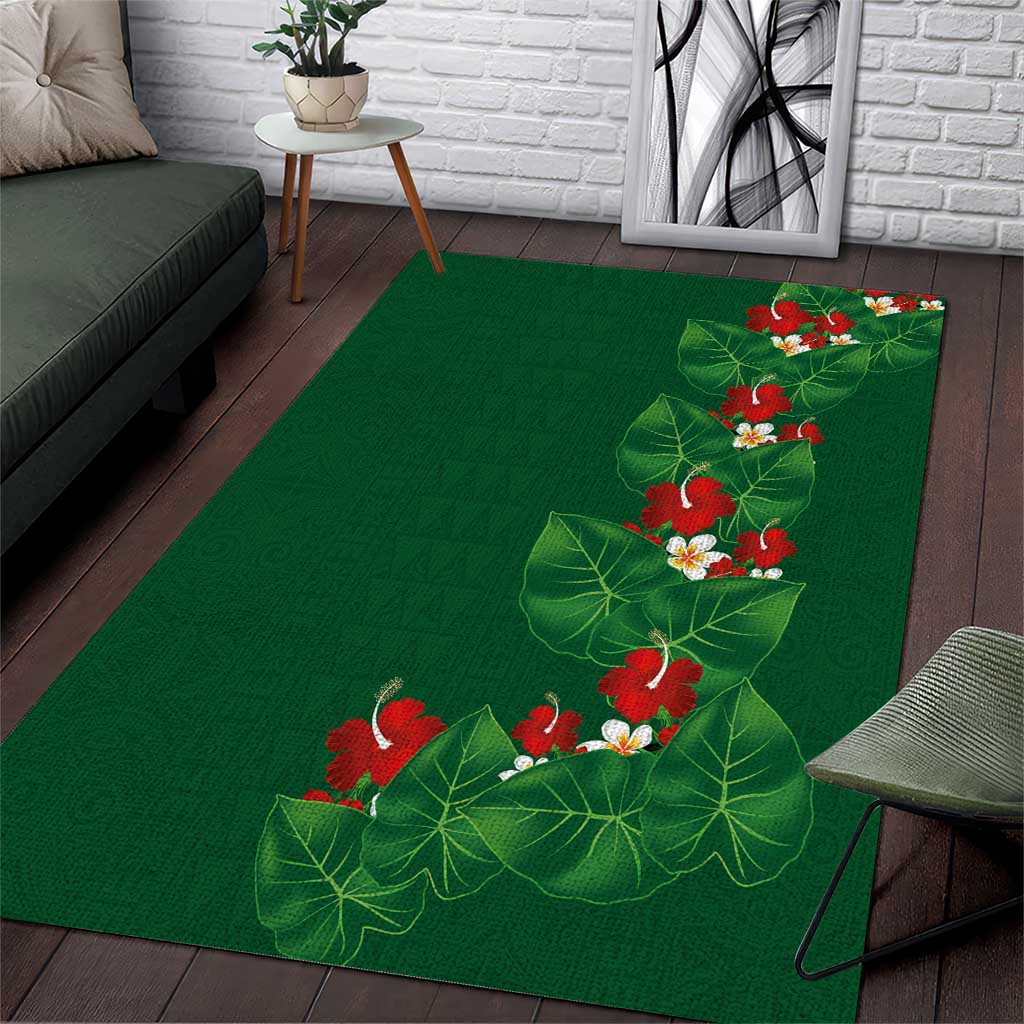 Hawaiian Taro Leaves-Hibiscus and Plumeria Area Rug Polynesian Art-Kakau Tattoo Green LT03 Green - Polynesian Pride