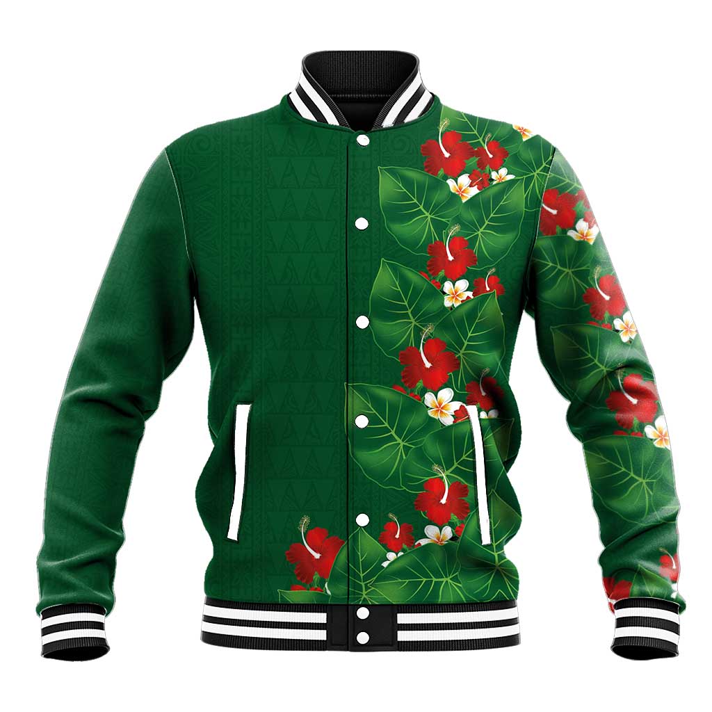 Hawaiian Taro Leaves-Hibiscus and Plumeria Baseball Jacket Polynesian Art-Kakau Tattoo Green LT03 Unisex Green - Polynesian Pride