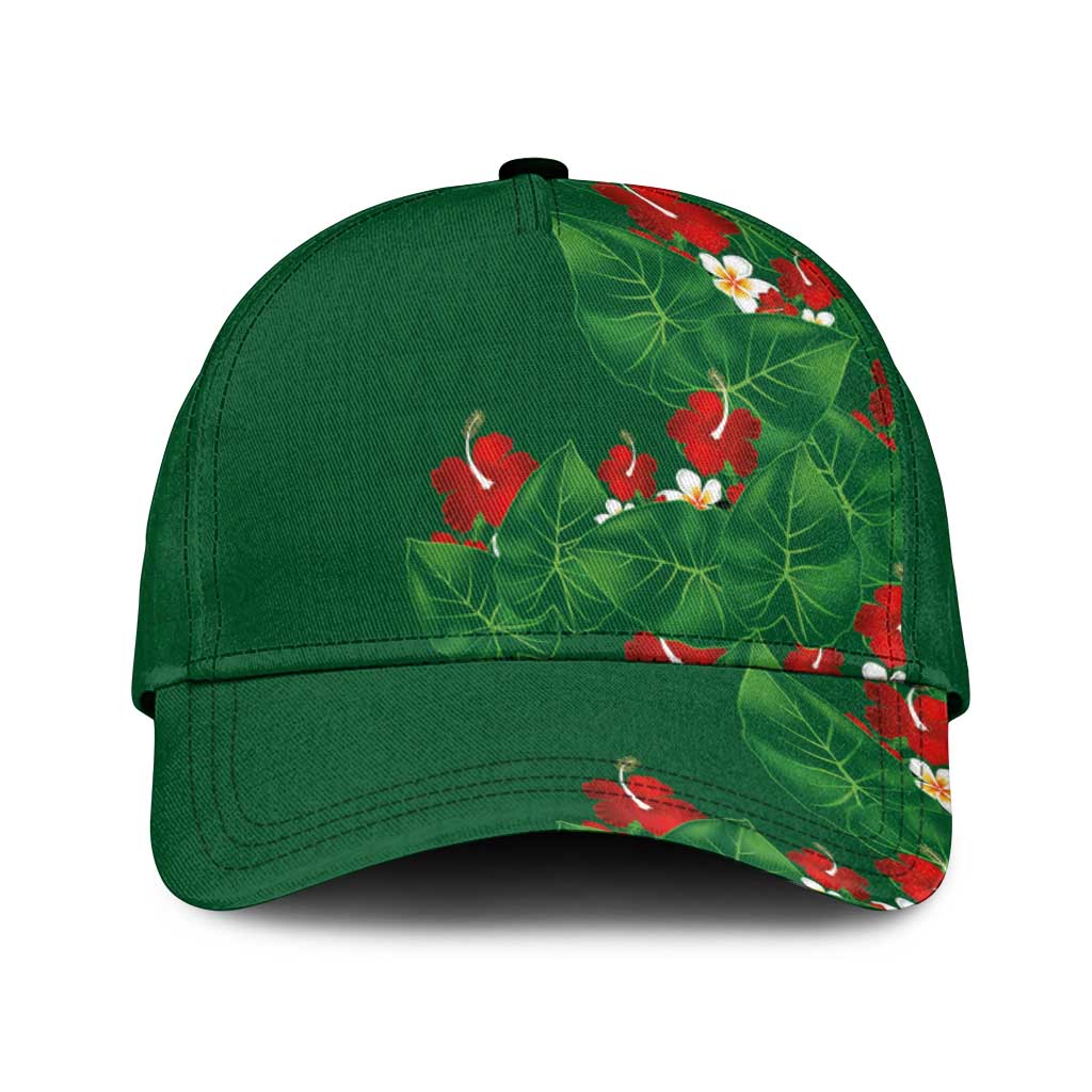 Hawaiian Taro Leaves-Hibiscus and Plumeria Classic Cap Polynesian Art-Kakau Tattoo Green LT03 Universal Fit Green - Polynesian Pride