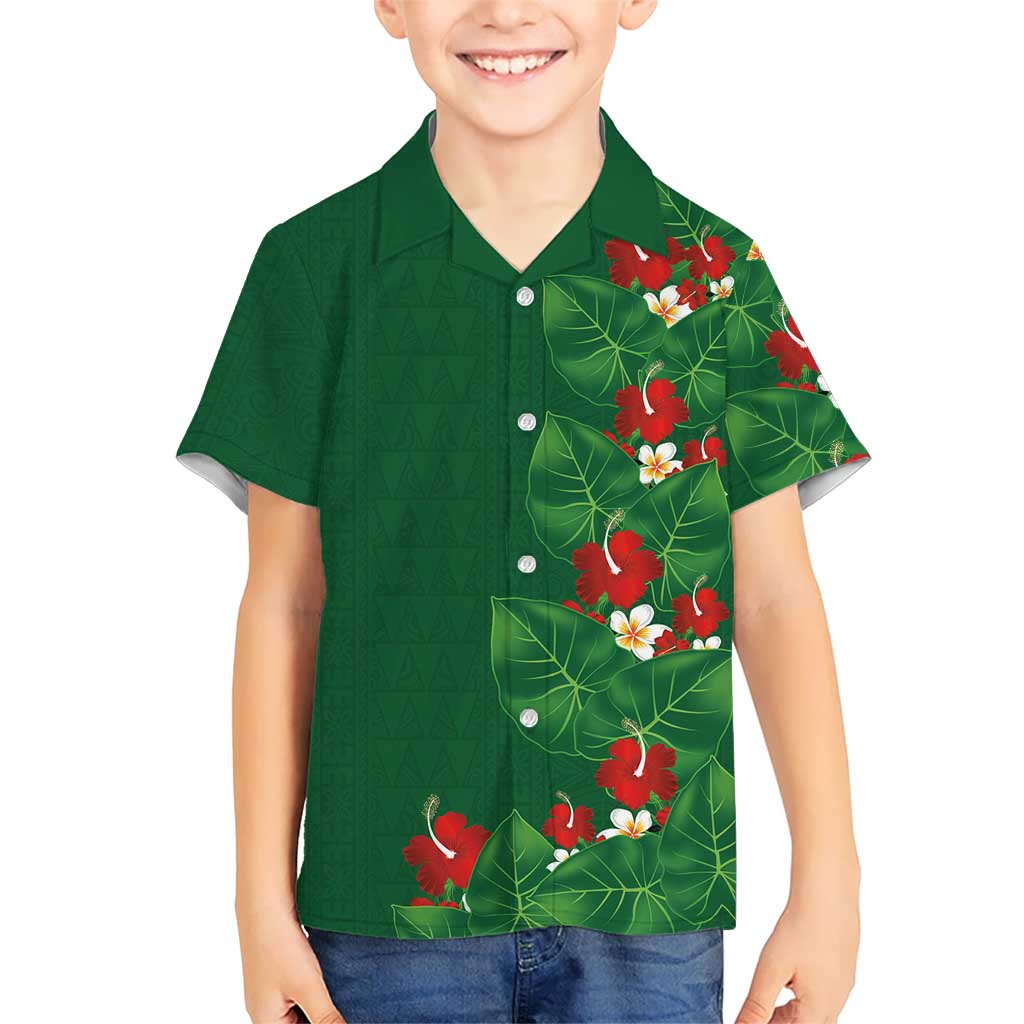 Hawaiian Taro Leaves-Hibiscus and Plumeria Kid Hawaiian Shirt Polynesian Art-Kakau Tattoo Green LT03 Kid Green - Polynesian Pride