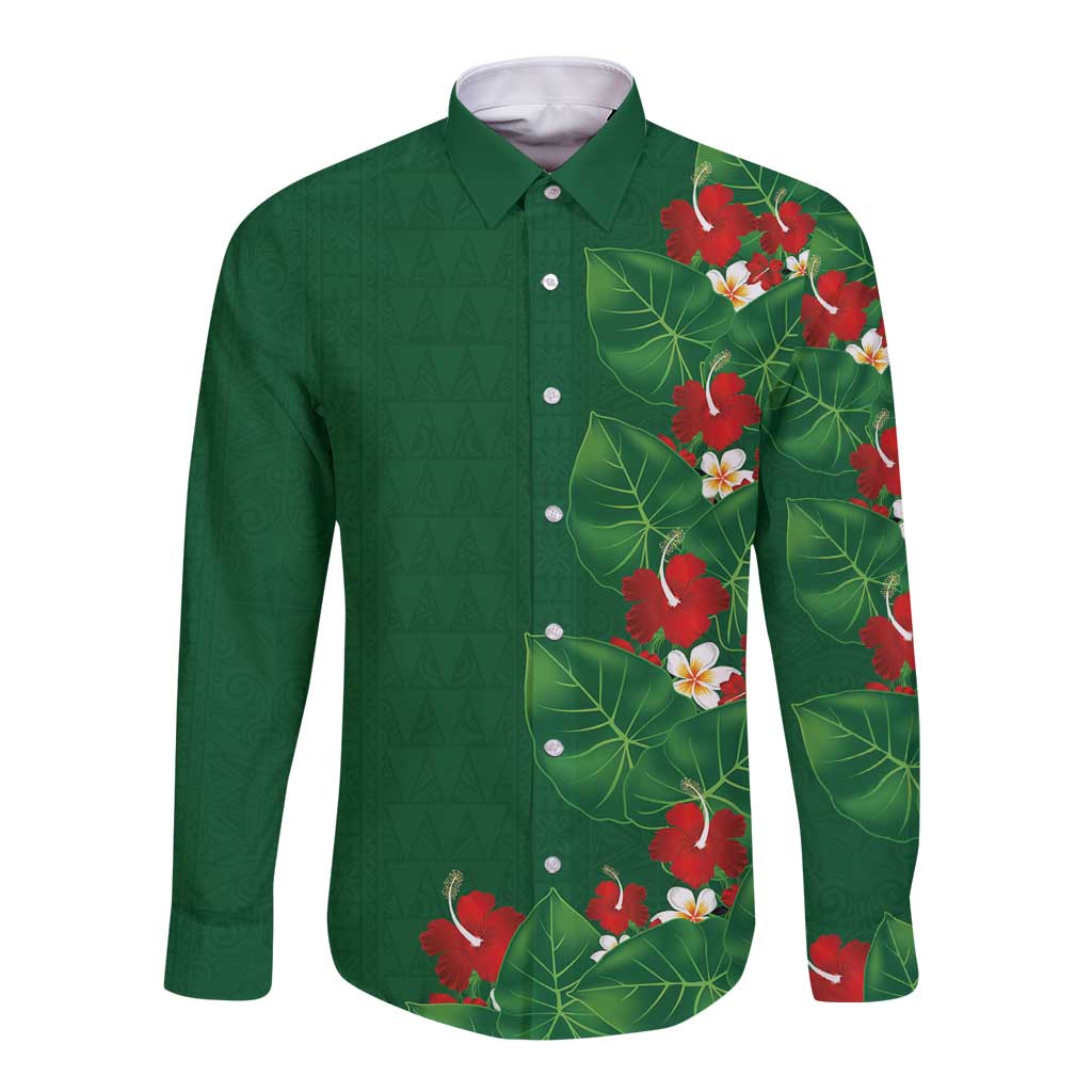 Hawaiian Taro Leaves-Hibiscus and Plumeria Long Sleeve Button Shirt Polynesian Art-Kakau Tattoo Green LT03 Unisex Green - Polynesian Pride