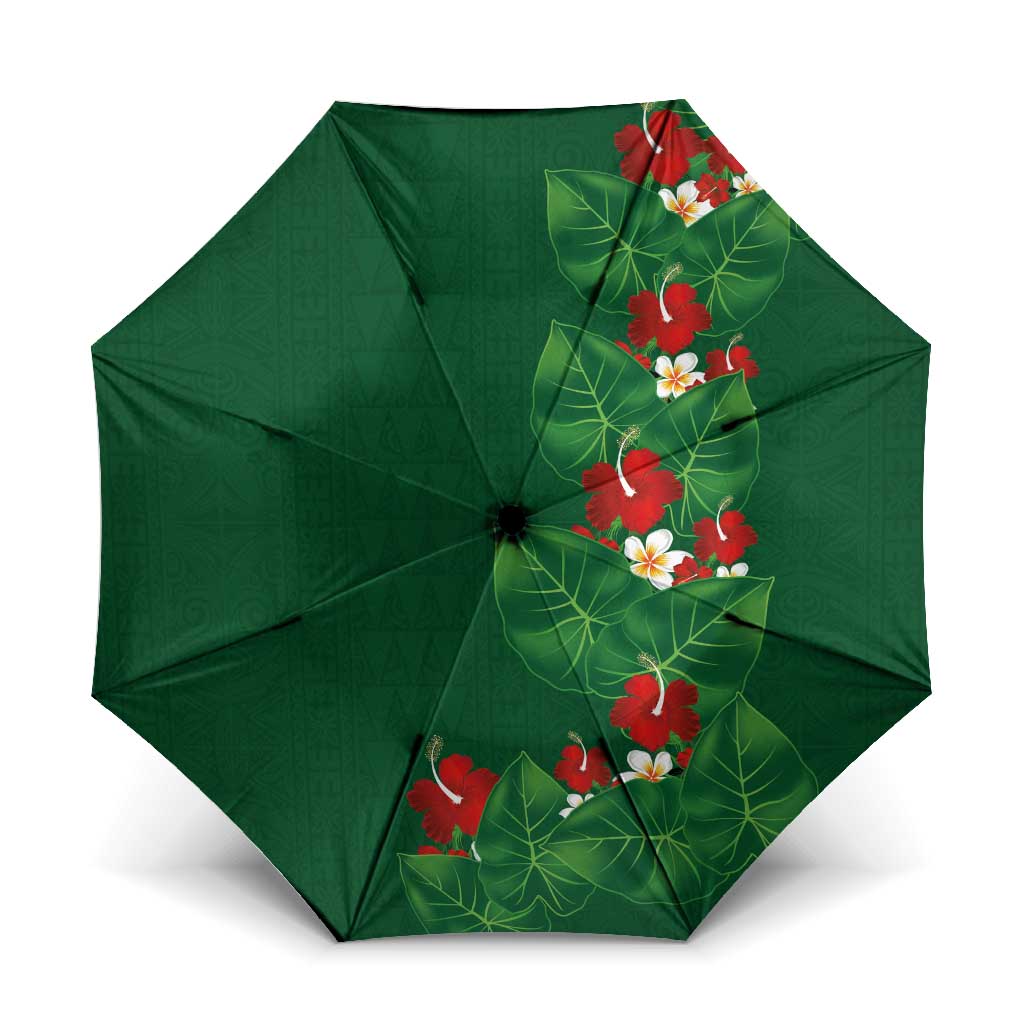 Hawaiian Taro Leaves-Hibiscus and Plumeria Umbrella Polynesian Art-Kakau Tattoo Green LT03 One Size Folded 11.42 inch Opened Diameter 37.4 inch Green - Polynesian Pride