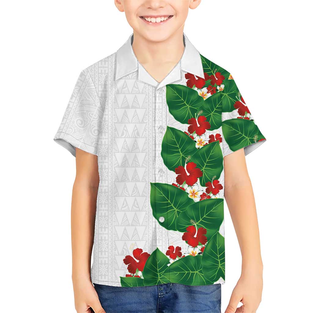 Hawaiian Taro Leaves-Hibiscus and Plumeria Kid Hawaiian Shirt Polynesian Art-Kakau Tattoo White LT03 Kid White - Polynesian Pride