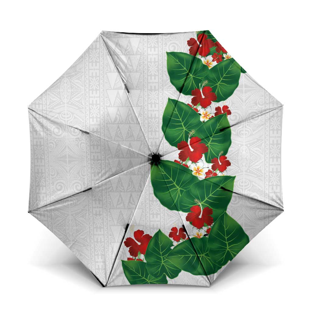 Hawaiian Taro Leaves-Hibiscus and Plumeria Umbrella Polynesian Art-Kakau Tattoo White LT03 One Size Folded 11.42 inch Opened Diameter 37.4 inch White - Polynesian Pride