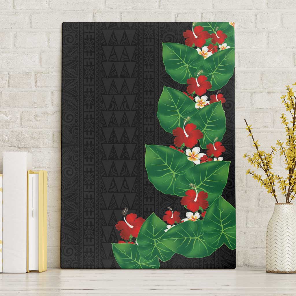Hawaiian Taro Leaves-Hibiscus and Plumeria Canvas Wall Art Polynesian Art-Kakau Tattoo Black LT03 Without Frame Black - Polynesian Pride
