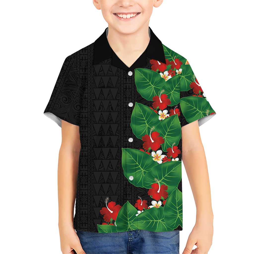 Hawaiian Taro Leaves-Hibiscus and Plumeria Kid Hawaiian Shirt Polynesian Art-Kakau Tattoo Black LT03 Kid Black - Polynesian Pride