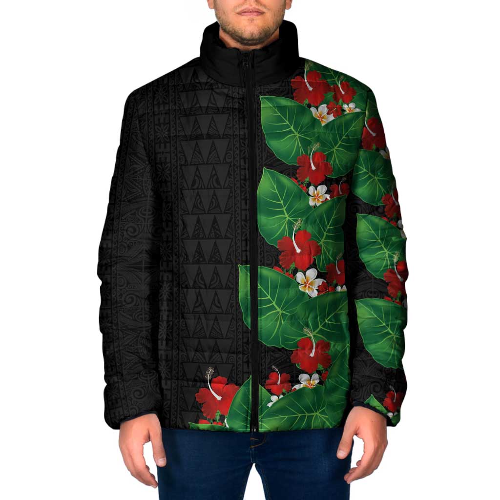 Hawaiian Taro Leaves-Hibiscus and Plumeria Padded Jacket Polynesian Art-Kakau Tattoo Black LT03 Men Black - Polynesian Pride
