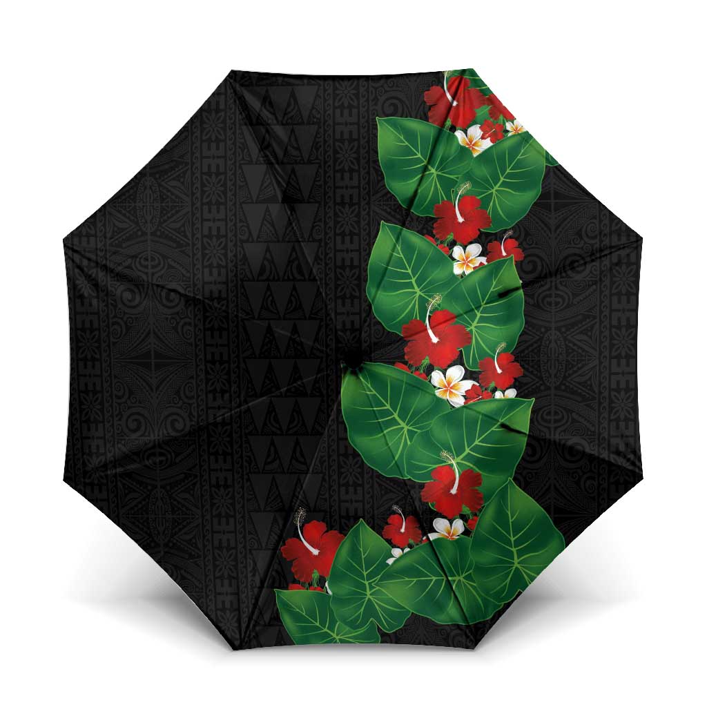 Hawaiian Taro Leaves-Hibiscus and Plumeria Umbrella Polynesian Art-Kakau Tattoo Black LT03 One Size Folded 11.42 inch Opened Diameter 37.4 inch Black - Polynesian Pride