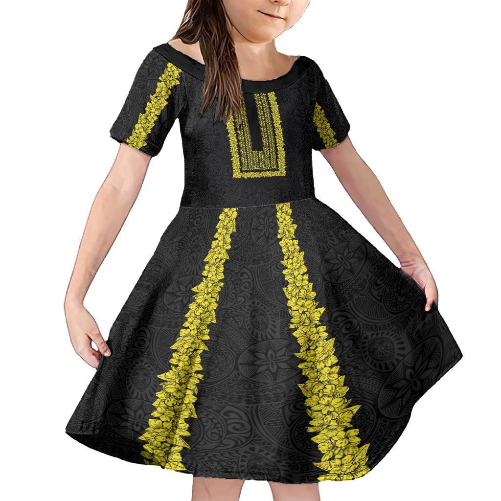Philippines Polynesian Jasmine Pattern Kid Short Sleeve Dress With Barong Tagalog Black Style LT03 KID Black - Polynesian Pride