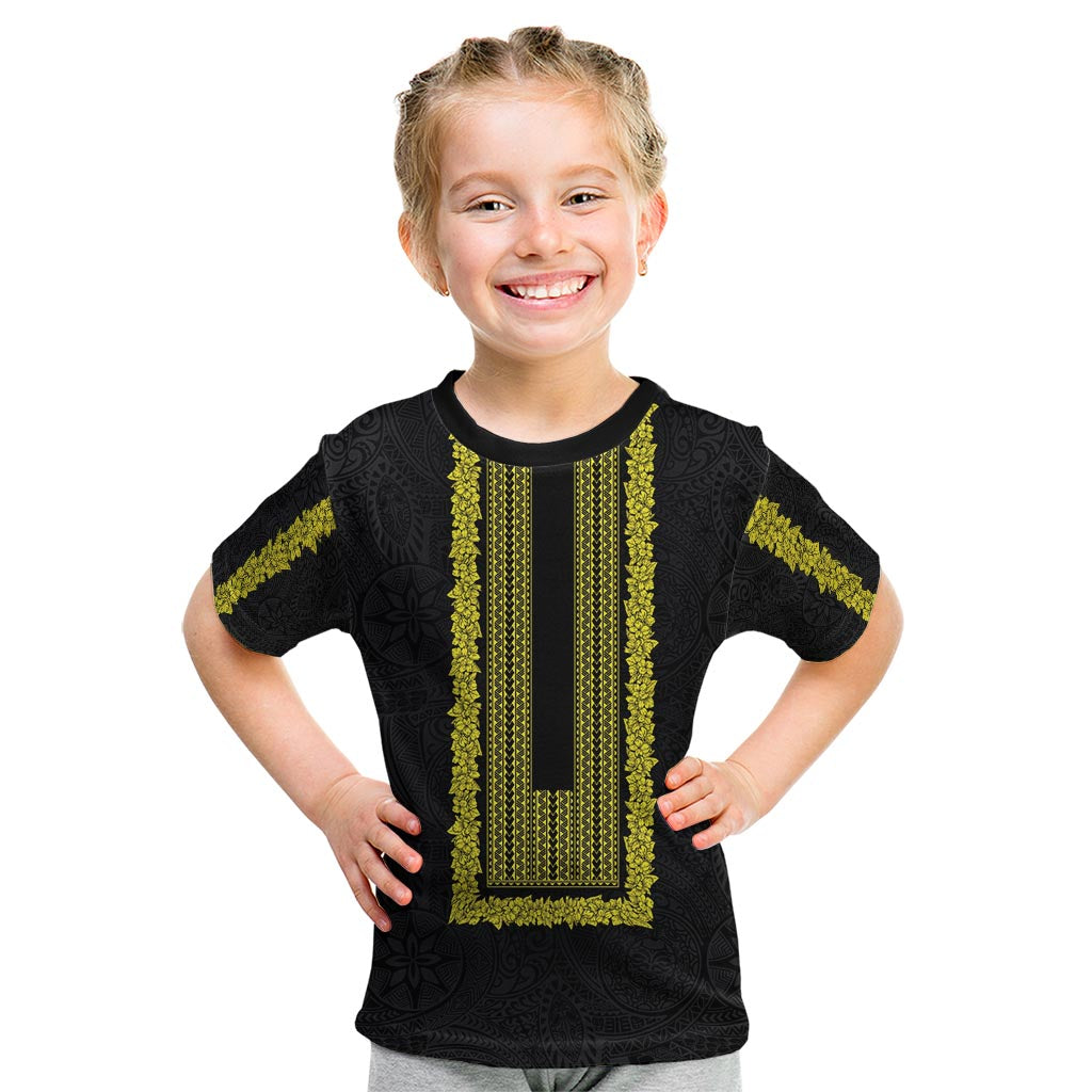 Philippines Polynesian Jasmine Pattern Kid T Shirt With Barong Tagalog Black Style LT03 Black - Polynesian Pride