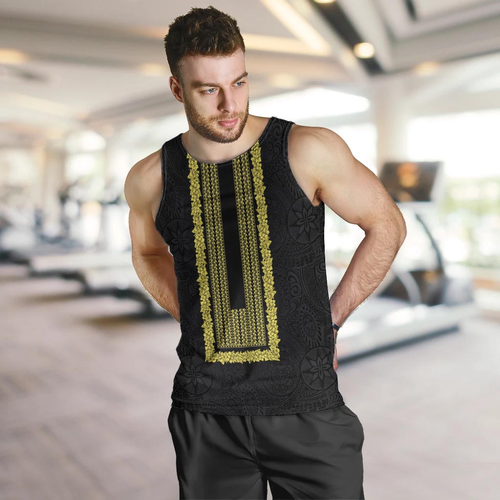 Philippines Polynesian Jasmine Pattern Men Tank Top With Barong Tagalog Black Style LT03 Black - Polynesian Pride