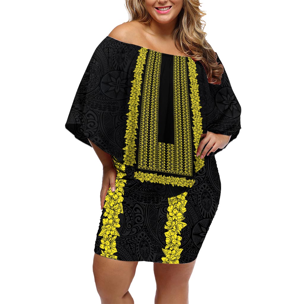 Philippines Polynesian Jasmine Pattern Off Shoulder Short Dress With Barong Tagalog Black Style LT03 Women Black - Polynesian Pride