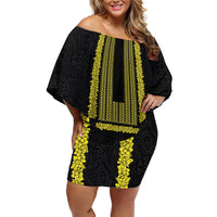 Philippines Polynesian Jasmine Pattern Off Shoulder Short Dress With Barong Tagalog Black Style LT03 Women Black - Polynesian Pride