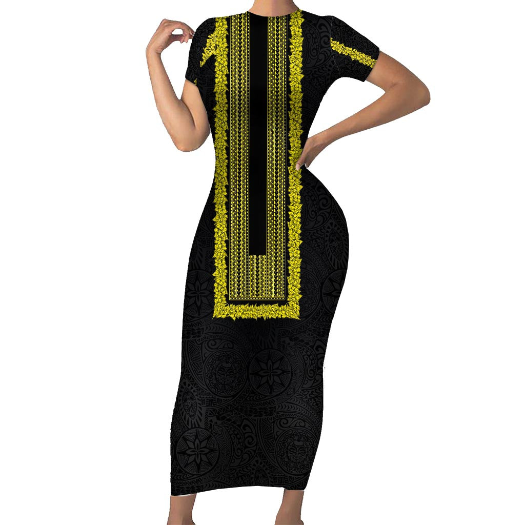 Philippines Polynesian Jasmine Pattern Short Sleeve Bodycon Dress With Barong Tagalog Black Style LT03 Long Dress Black - Polynesian Pride