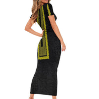 Philippines Polynesian Jasmine Pattern Short Sleeve Bodycon Dress With Barong Tagalog Black Style LT03 - Polynesian Pride