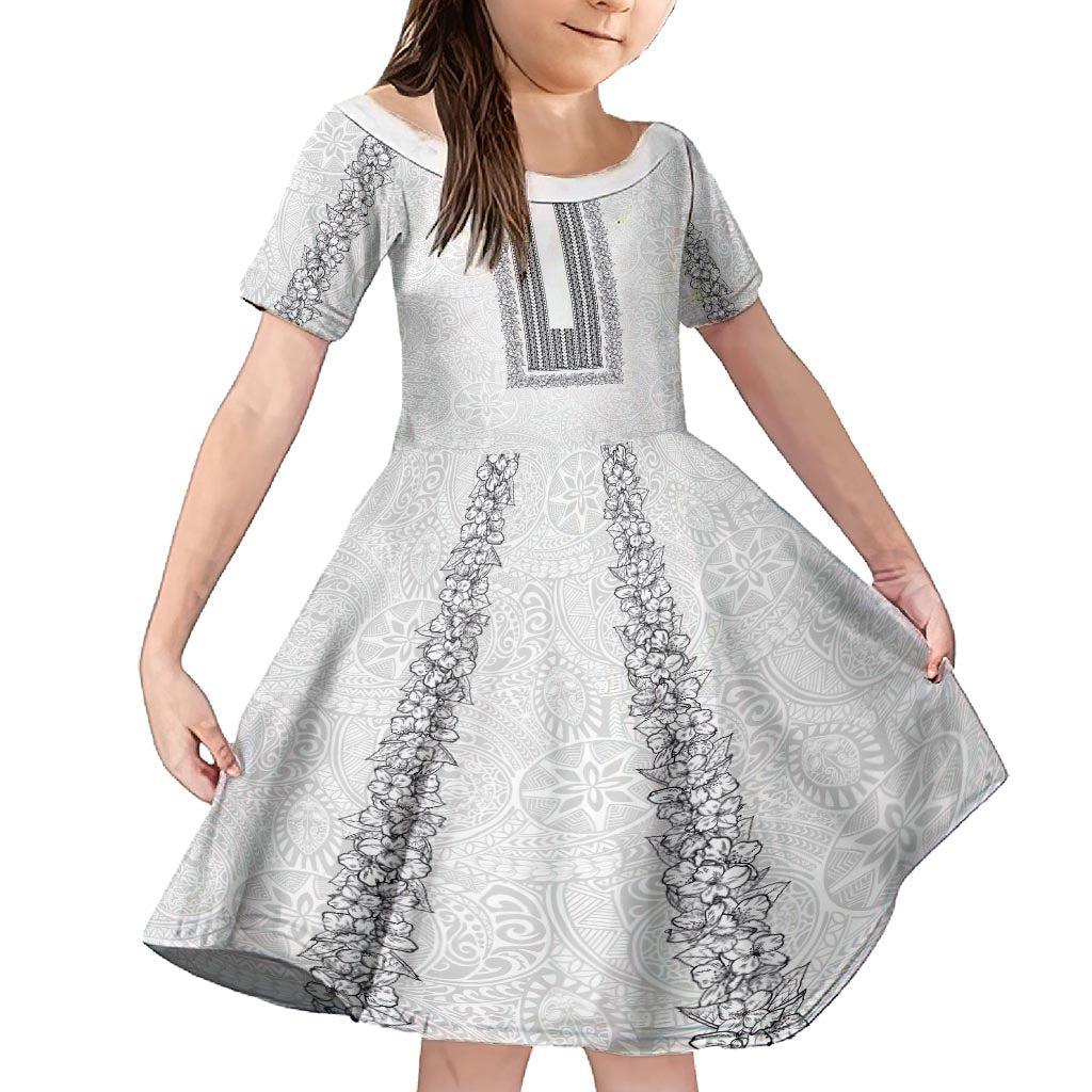 Philippines Polynesian Jasmine Pattern Kid Short Sleeve Dress With Barong Tagalog White Style LT03 KID White - Polynesian Pride