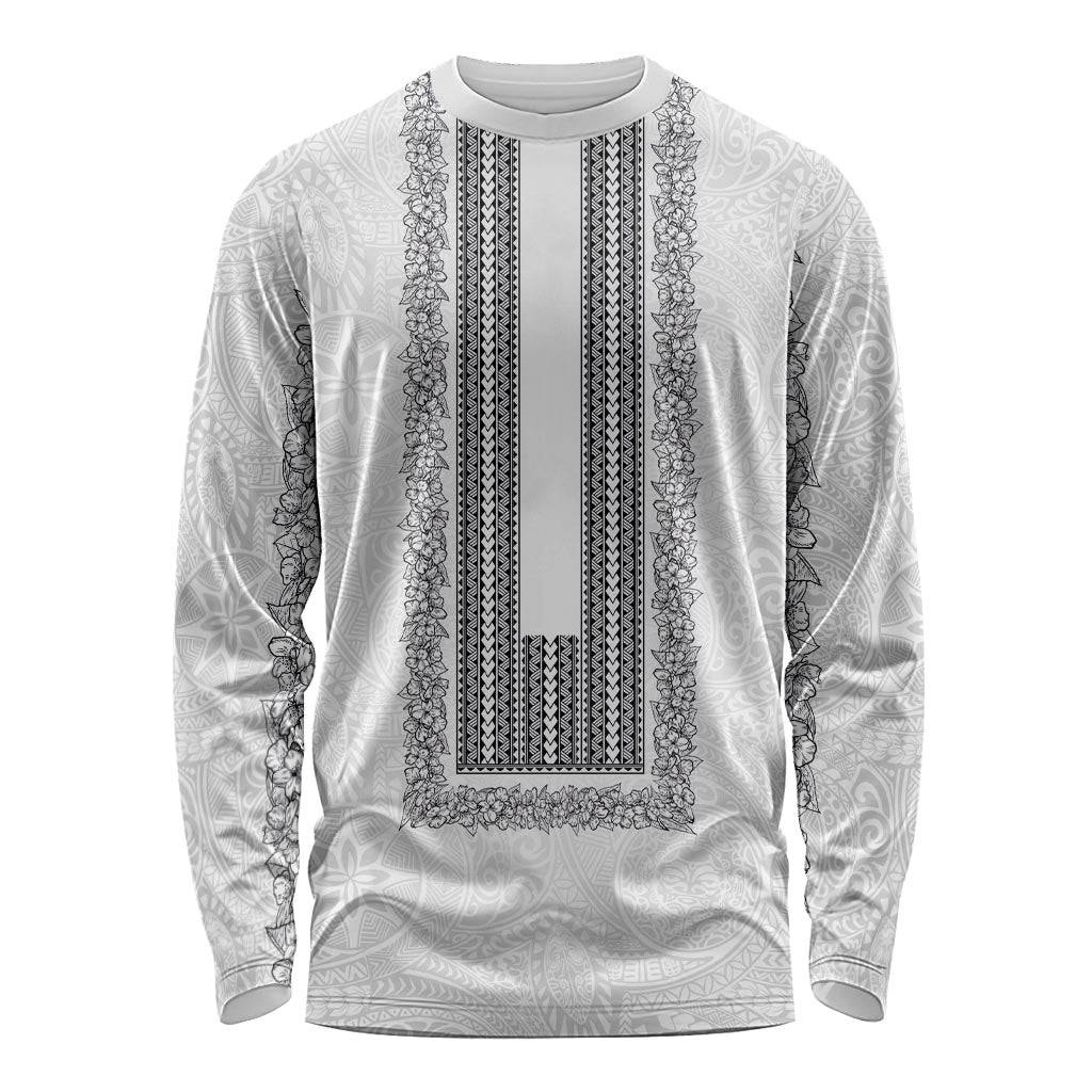 Philippines Polynesian Jasmine Pattern Long Sleeve Shirt With Barong Tagalog White Style LT03 Unisex White - Polynesian Pride