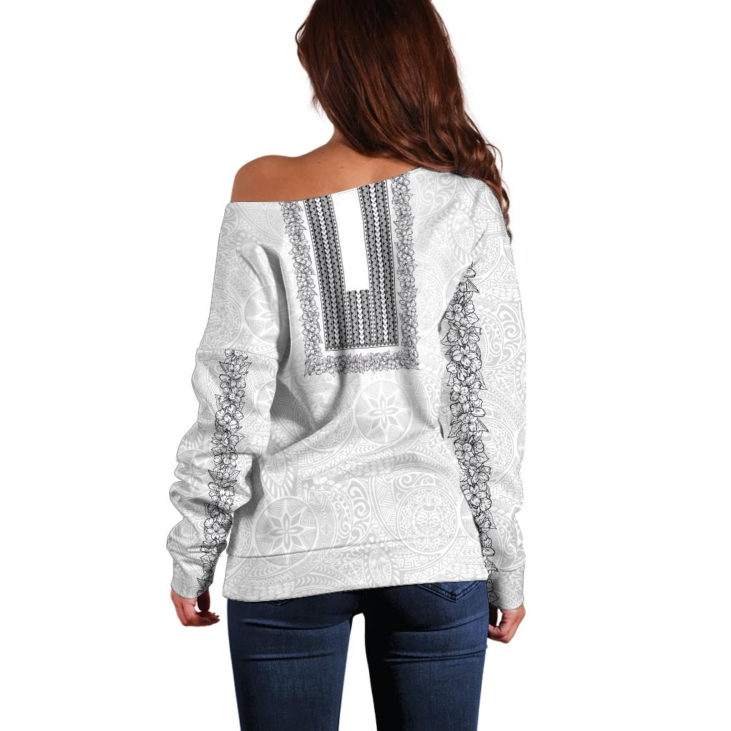 Philippines Polynesian Jasmine Pattern Off Shoulder Sweater With Barong Tagalog White Style LT03 - Polynesian Pride