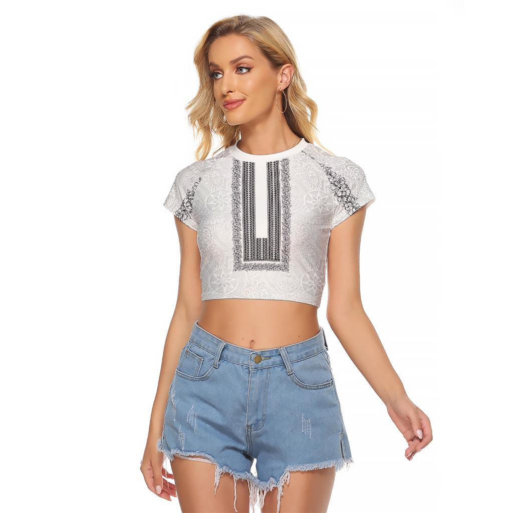 Philippines Polynesian Jasmine Pattern Raglan Cropped T Shirt With Barong Tagalog White Style LT03 Female White - Polynesian Pride