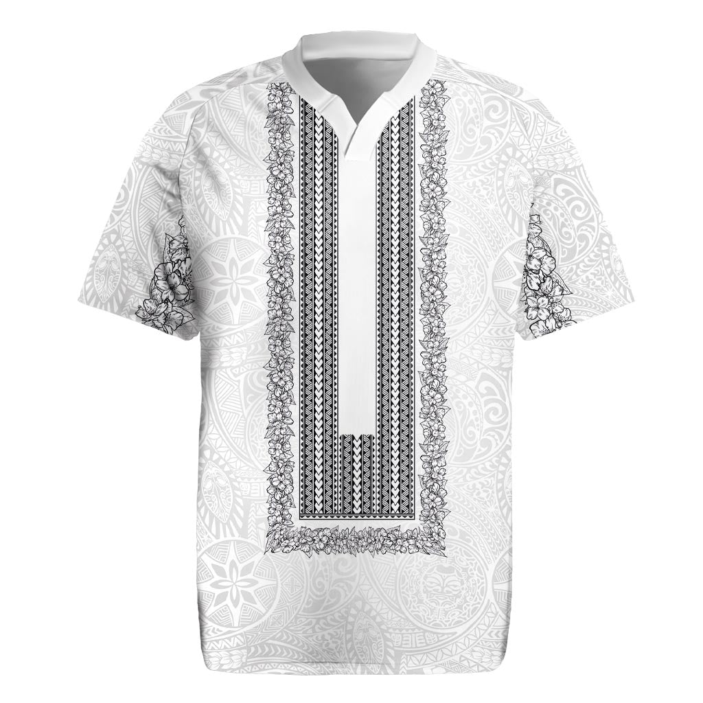 Philippines Polynesian Jasmine Pattern Rugby Jersey With Barong Tagalog White Style LT03 White - Polynesian Pride