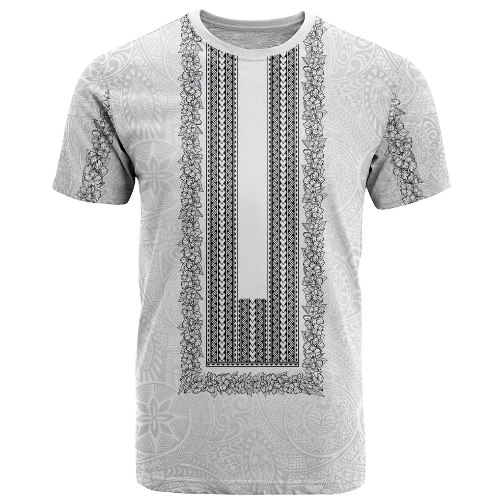 Philippines Polynesian Jasmine Pattern T Shirt With Barong Tagalog White Style LT03 White - Polynesian Pride