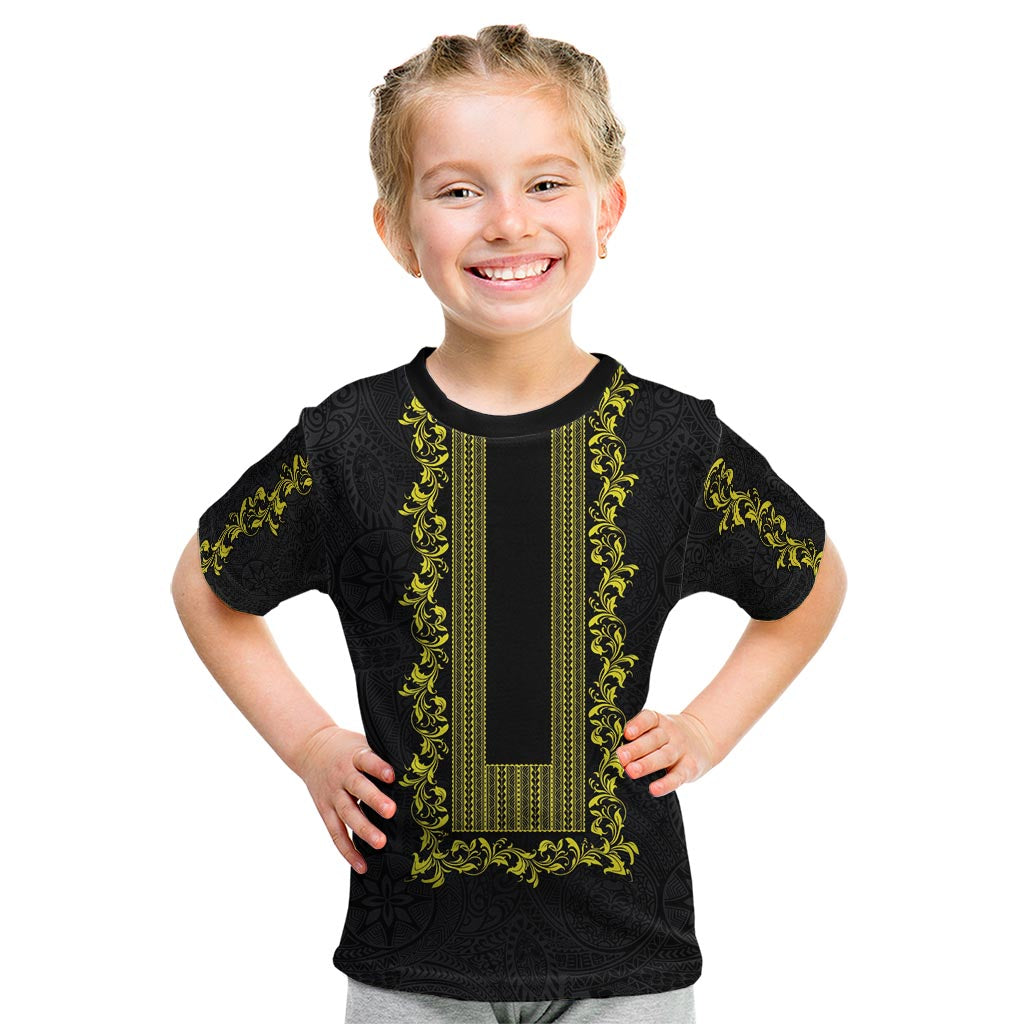 Philippines Polynesian Floral Pattern Kid T Shirt With Barong Tagalog Black Style LT03 Black - Polynesian Pride